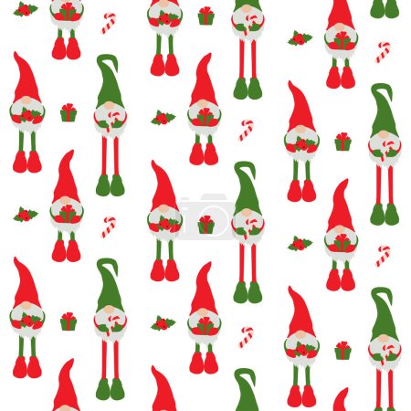 Téléchargez les illustrations : Modèle sans couture avec des gnomes et des choses de Noël. Modèle de Noël plat avec gnomes. - en licence libre de droit