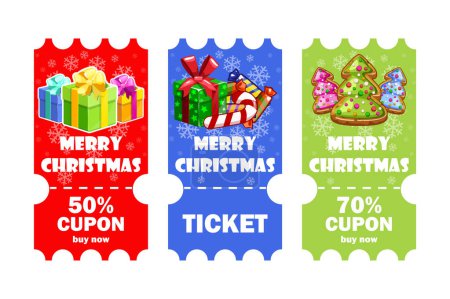 Illustration for Voucher set Merry Christmas gift in cartoon style. New year. Vector ticket or the coupon. - Royalty Free Image