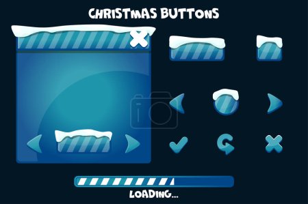 Illustration for Cartoon set game ui buttons for Christmas in blue. Game user interface and loading with snow. - Royalty Free Image