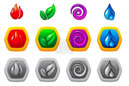 Ilustración de Los cuatro elementos de la naturaleza fuego, aire, tierra y agua en diferentes variantes y colores. Conjunto de iconos para el juego. - Imagen libre de derechos