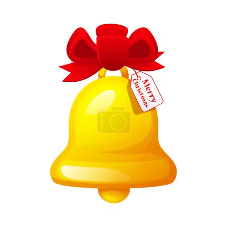 Ilustración de Campana de metal dorado con lazo rojo aislado sobre fondo blanco. Símbolo de Navidad, campana escolar, campana de dibujos animados. - Imagen libre de derechos