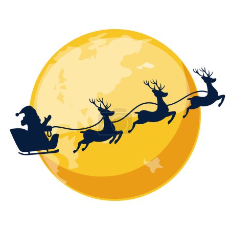 Téléchargez les illustrations : Dessin animé orange nuit lune avec la silhouette du Père Noël dans le traîneau. Jour de Noël. - en licence libre de droit
