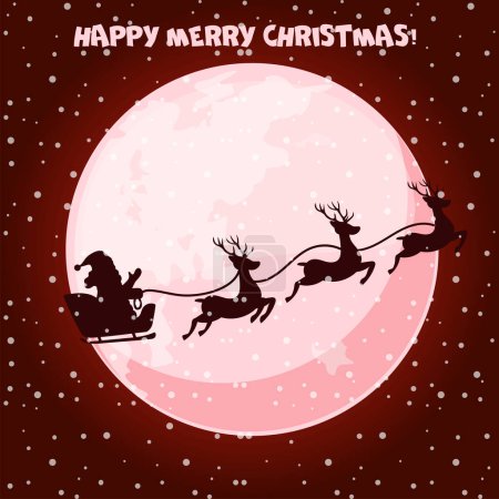 Téléchargez les illustrations : Dessin animé nuit lune avec la silhouette du Père Noël dans le traîneau. carte de voeux pour le jour de Noël ou bonne année. - en licence libre de droit