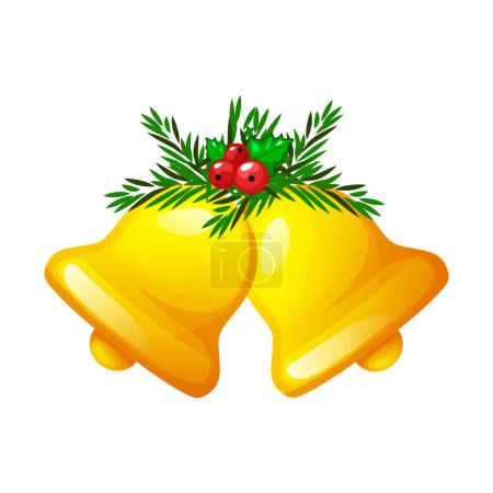 Téléchargez les illustrations : Cloches d'or de Noël avec des baies isolées sur un fond blanc. Symbole de Noël, cloche de l'école, cloche de dessin animé. - en licence libre de droit