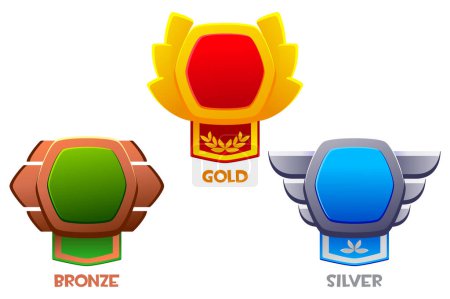 Illustration for Game level bronze, silver, and gold badges. Empty award badges with royal banners and UI icons. Isolated bonus graphic elements, reward, trophy achievement, and prize Cartoon vector set. - Royalty Free Image
