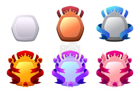 Illustration for Set of shield-level, template App icons badges. Isolated gold award trophy for user experience and ranking. Bonus, reward, achievement and prize. - Royalty Free Image
