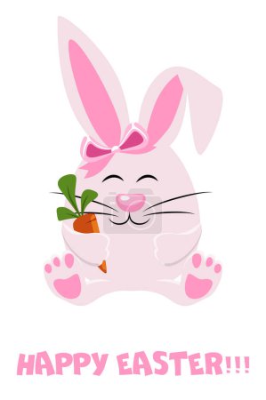 Téléchargez les illustrations : Joyeux Pâques, lapin dessin animé à la carotte. Style de dessin animé plat. - en licence libre de droit