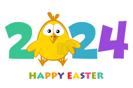 Illustration for Happy Easter 2024 postcard, cute chick with inscription. Vector illustration of festive. Easter banner for graphic design. - Royalty Free Image