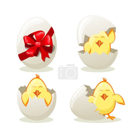 Illustration for This cute vector cartoon illustration of the process baby chicken hatching from an egg. Funny and educational illustration for kids. Easter eggs and chicks - Royalty Free Image