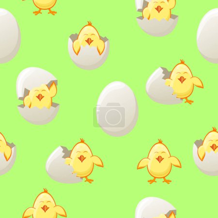 Illustration for Seamless pattern with Easter eggs and chicks on green background - Royalty Free Image