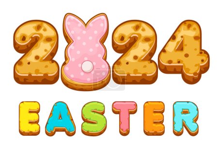 Illustration for Vector card with inscription from Easter cookies. Postcard with sweets and an bunny. Easter 2024. - Royalty Free Image