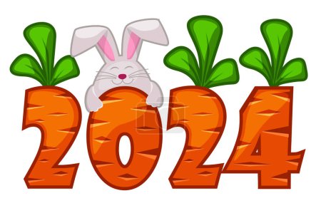 Zanahoria número 2024 y conejo para tarjeta de felicitación. Postal de Pascua.