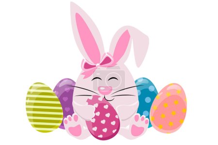Illustration for Easter Rabbit with eggs. Vector Illustration Of Cute Little Bunny Holding Easter Eggs. - Royalty Free Image