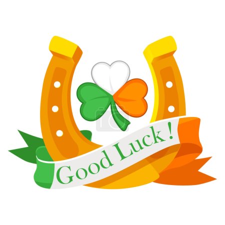 Ilustración de Cartoon Irish Horseshoe and Clover, Good Luck. Decoración para tarjetas de felicitación, carteles, parches, estampados para ropa y emblemas para el Día de San Patricio. - Imagen libre de derechos