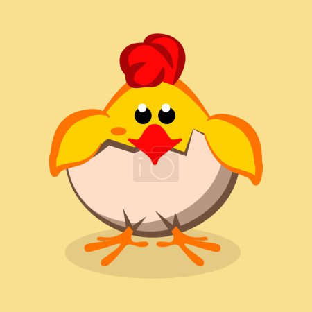 Illustration for Chicken baby peeking out of the cracked egg. Vector illustration isolated on a orange background. - Royalty Free Image