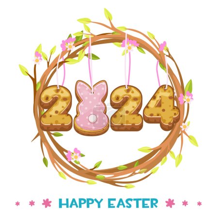 Illustration for Happy Easter. Template for postcard or invitation. A wreath of spring flowers and an inscription of 2024 cookies. - Royalty Free Image