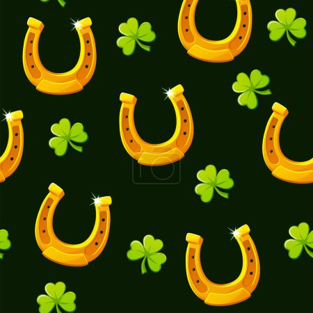 Illustration for Seamless pattern with Horseshoe and clover or shamrock for St, Patricks Day - Royalty Free Image