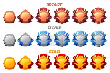 Ilustración de Conjunto completo de insignias para el juego 2D por niveles. Iconos de niveles de bronce, plata y oro. De bajo a alto nivel - Imagen libre de derechos