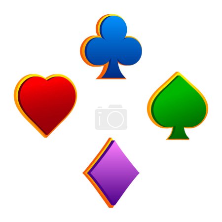 Téléchargez les illustrations : Jeu de symboles de cartes à jouer en couleur. Symboles vectoriels de Poker isolés pour le jeu 2D - en licence libre de droit