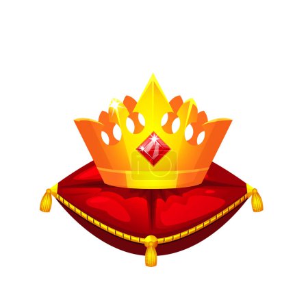 Téléchargez les illustrations : Couronne royale dorée sur oreiller en velours rouge. Illustration vectorielle. - en licence libre de droit