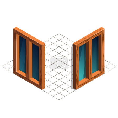Illustration for Isometric two windows. Vector wooden window for game assets. - Royalty Free Image
