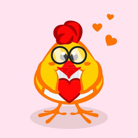 Illustration for The cute chicken is in love and hugging a heart. Sticker for Valentine Day or Easter - Royalty Free Image