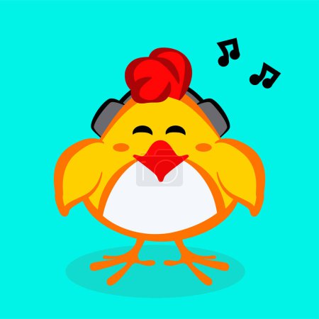 Illustration for Cute chick listening to music in headphones. Vector image - Royalty Free Image