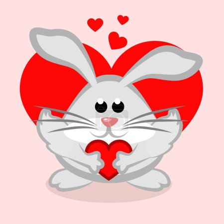 Ilustración de Lindo conejo con corazón. Dibujos animados de Pascua o San Valentín conejito en vector - Imagen libre de derechos