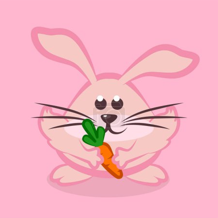 Téléchargez les illustrations : Lapin rose à la carotte. Dessin animé lapin de Pâques dans le vecteur - en licence libre de droit