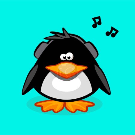 Téléchargez les illustrations : Pingouin dans les écouteurs écoutant la musique. Oiseau antarctique, illustration animale. - en licence libre de droit