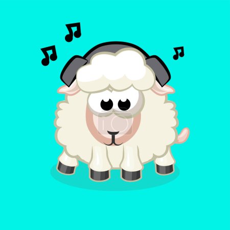 Téléchargez les illustrations : Cartoon moutons dans les écouteurs à l'écoute de la musique. Illustration vectorielle Animal. - en licence libre de droit