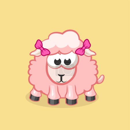 Téléchargez les illustrations : Dessin animé fille mouton rose portant arc de cheveux - en licence libre de droit