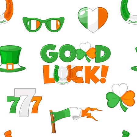 Téléchargez les illustrations : Modèle sans couture avec des symboles aux couleurs du drapeau irlandais pour la Saint-Patricks Day. - en licence libre de droit