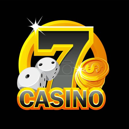 Ilustración de Icono dorado-negro para el casino. monedas de oro, dados, suerte número 7 y el logotipo del casino. - Imagen libre de derechos