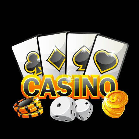 Ilustración de Icono dorado-negro para el casino. Ilustración vectorial Poker Tarjetas, dados, monedas y Chip Games. - Imagen libre de derechos