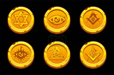 Illustration for Golden coins with an All-seeing eye. Golden Pyramid and All-seeing Eye, Freemasonry Masonic Symbol. - Royalty Free Image