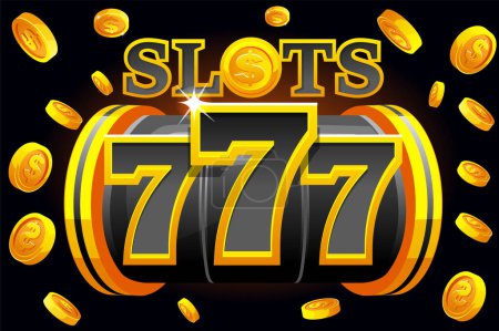 Illustration for Slot machine 777 with explosion coins. Golden and black Banner for a casino game. - Royalty Free Image