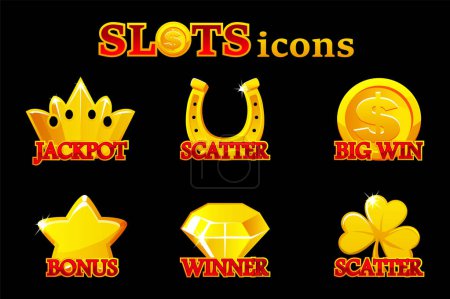 Illustration for Classic gold slot machine symbol collection. Casino icons scatter,big win, winner, jackpot and bonus. - Royalty Free Image
