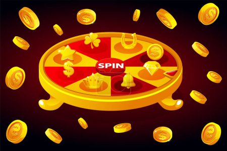 Illustration for Wheel of fortune with icons for the casino. Vector Background with explosion coins. - Royalty Free Image