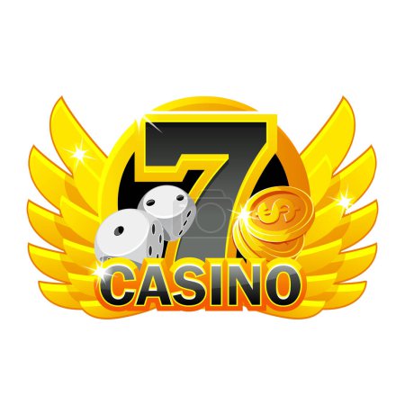Téléchargez les illustrations : Icône casino avec des ailes d'or, dés, pièces de monnaie, et la chance numéro sept. - en licence libre de droit