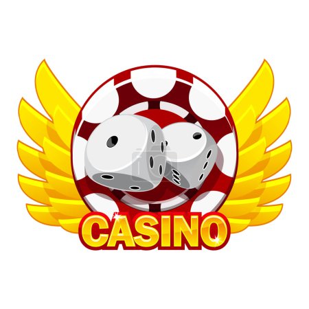 Illustration for Casino icon with golden wings, dice, and poker chip. - Royalty Free Image