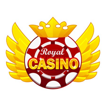 Illustration for Casino icon with golden wings, crown, and poker chip. - Royalty Free Image