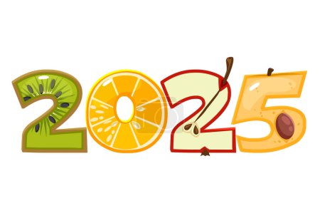 Téléchargez les illustrations : Fruit 2025 pour la conception du calendrier. Caricature 2025 du nombre de fruits dans le vecteur. Saison estivale - en licence libre de droit