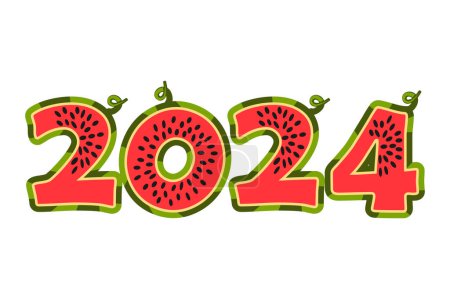 Illustration for Watermelon 2024 for calendar design in vector. Cartoon 2025 from Watermelon Numbers. Summer season. - Royalty Free Image