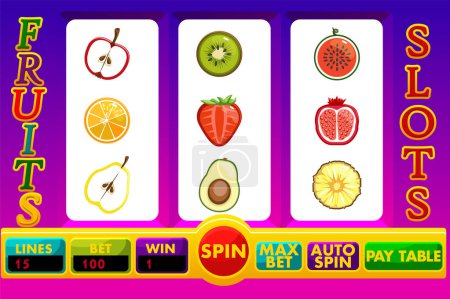 Illustration for The slot machine with Fruit, casino game asset. Gambling UI icons, and buttons set. Design game interface elements, assets and lucky symbols for mobile gamble app or slot machine vector. - Royalty Free Image