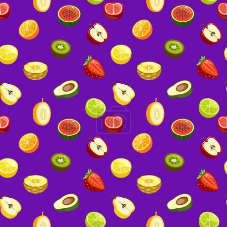 Téléchargez les illustrations : Motif sans couture avec demi fruits et baies sur fond violet vectoriel. - en licence libre de droit