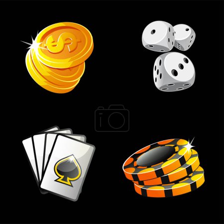 Ilustración de Conjunto de iconos dorados y negros para casino o tragamonedas. - Imagen libre de derechos