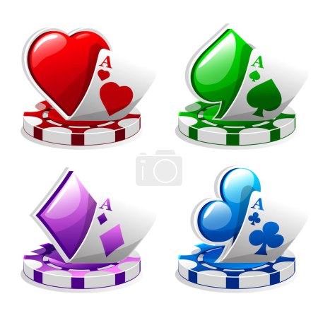Ilustración de Conjunto de iconos para casino o tragamonedas. Cuatro colores y símbolos póquer tarjetas. - Imagen libre de derechos