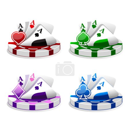 Illustration for Vector set of icons for casino or slots. Four colors and symbols poker cards. - Royalty Free Image