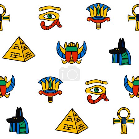 Ilustración de Patrón sin costuras con iconos de Egipto, elementos antiguos cultura. - Imagen libre de derechos